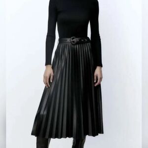 Zara Black Faux Leather Pleated A-Line Skirt